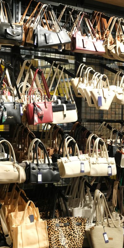 A wide variety of stylish handbags displayed in a retail store.
