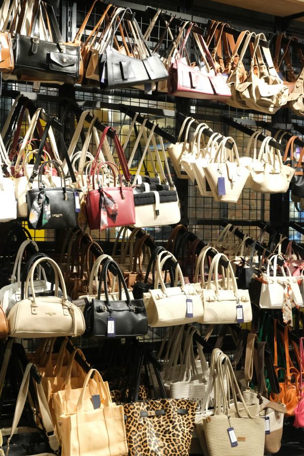 A wide variety of stylish handbags displayed in a retail store.